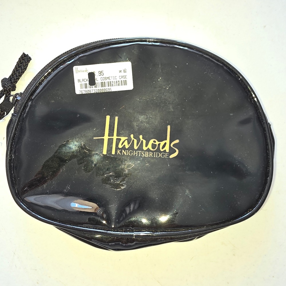 Harrods Knightsbridge Black Patent Cosmetic‎ Case Makeup Bag Gold Logo Small